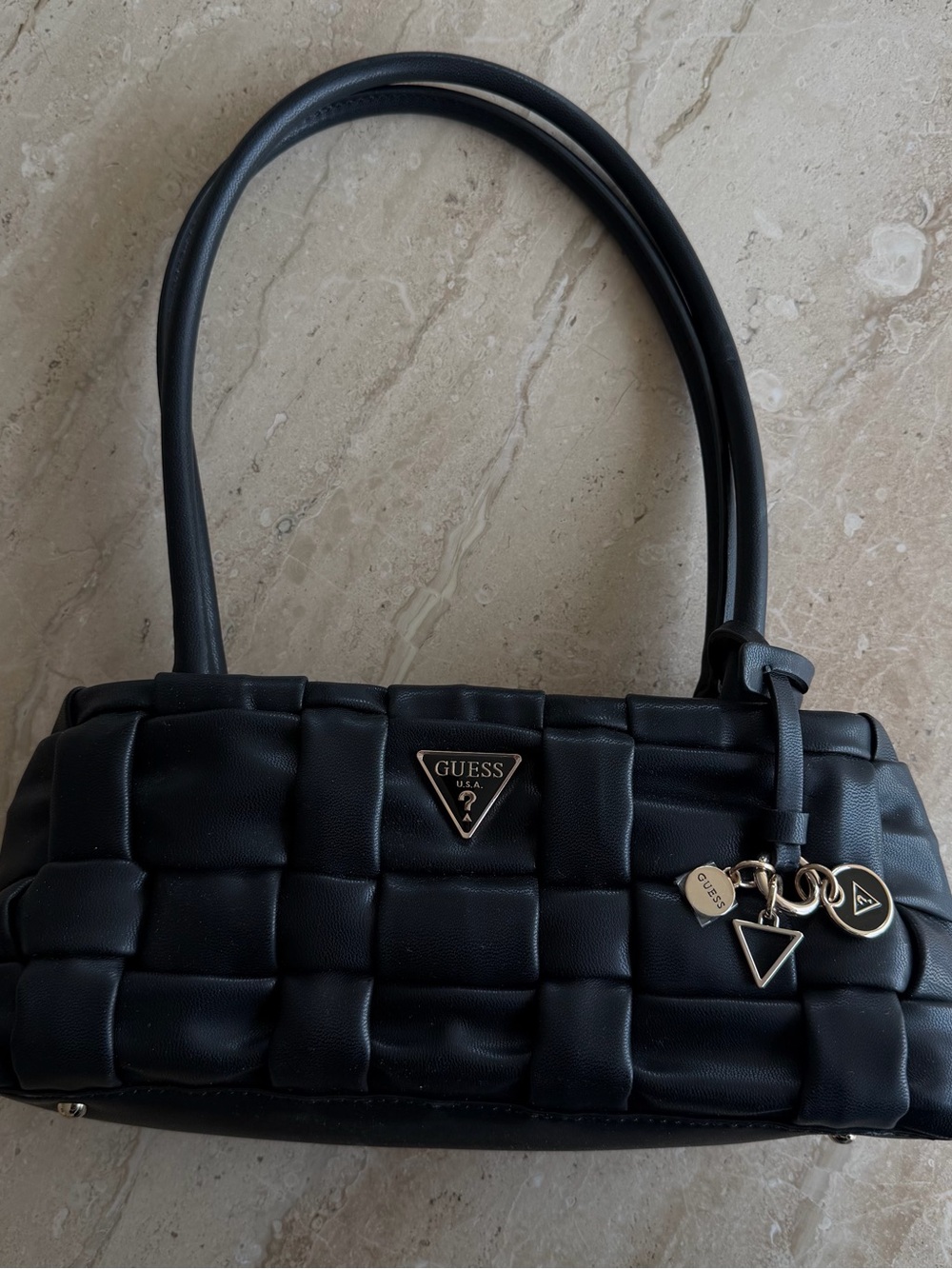 Guess Black Quilted Shoulder Bag with Gold Charm Details